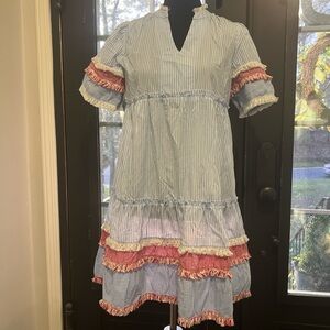 Striped Blue Midi Dress with Red Gingham Ruffle Trim